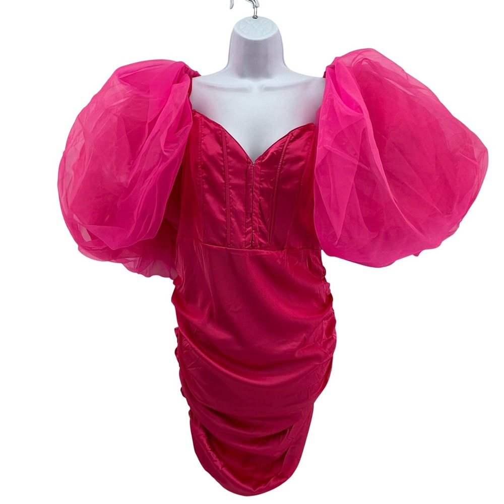 Dolls Kill Sugar Thrillz Corset Puff Sleeve Mini Dress Regency‎ Hot Pink Prom